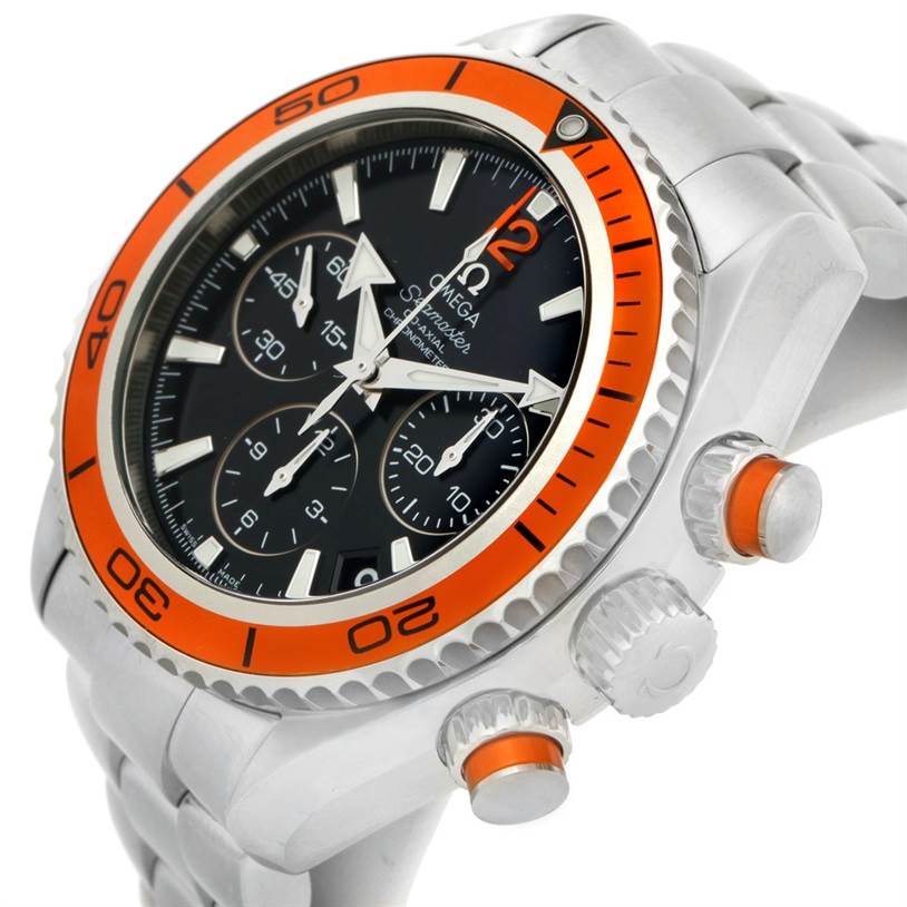 This image shows an angled view of the Omega Planet Ocean 222.30.38.50.01.002 Stainless Steel Black Dial 222.30.38.50.01.002 Stainless Steel Black Dial watch, featuring the bezel, crown, pushers, and part of the bracelet.