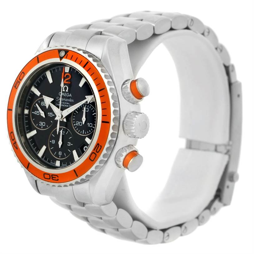 The image shows an Omega Planet Ocean 222.30.38.50.01.002 Stainless Steel Black Dial 222.30.38.50.01.002 Stainless Steel Black Dial watch from a slight side angle, highlighting the orange bezel, crown, pushers, and bracelet.