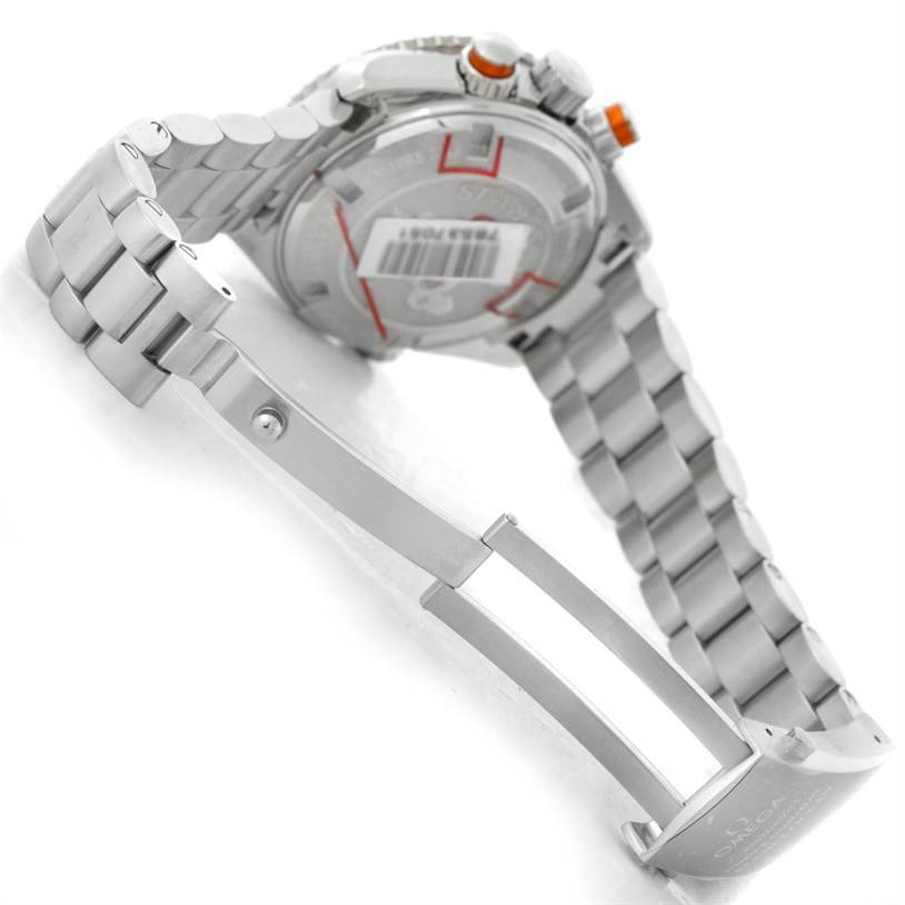 The image shows the back view and metal bracelet of an Omega Planet Ocean 222.30.38.50.01.002 Stainless Steel Black Dial 222.30.38.50.01.002 Stainless Steel Black Dial watch, including the clasp and the case back.