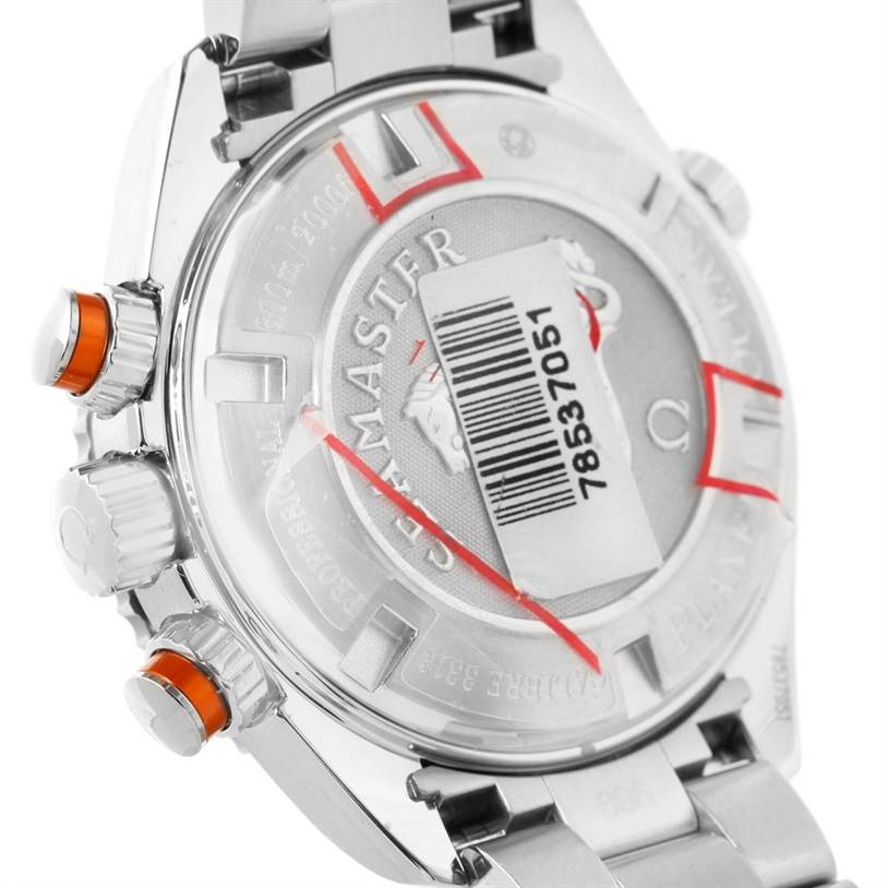 The image shows the back and side view of the Omega Planet Ocean 222.30.38.50.01.002 Stainless Steel Black Dial 222.30.38.50.01.002 Stainless Steel Black Dial watch, highlighting its polished case back with engravings and side buttons.