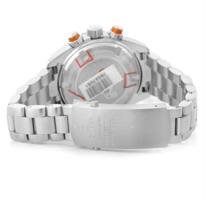 The image shows the back and clasp of an Omega Planet Ocean 222.30.38.50.01.002 Stainless Steel Black Dial 222.30.38.50.01.002 Stainless Steel Black Dial watch, showcasing the bracelet and case back.