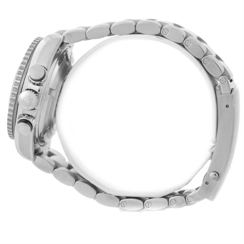 This image shows a side view of the Omega Planet Ocean 222.30.38.50.01.001 Stainless Steel Black Dial 222.30.38.50.01.001 Stainless Steel Black Dial model watch, highlighting its case, crown, pushers, and metal bracelet.