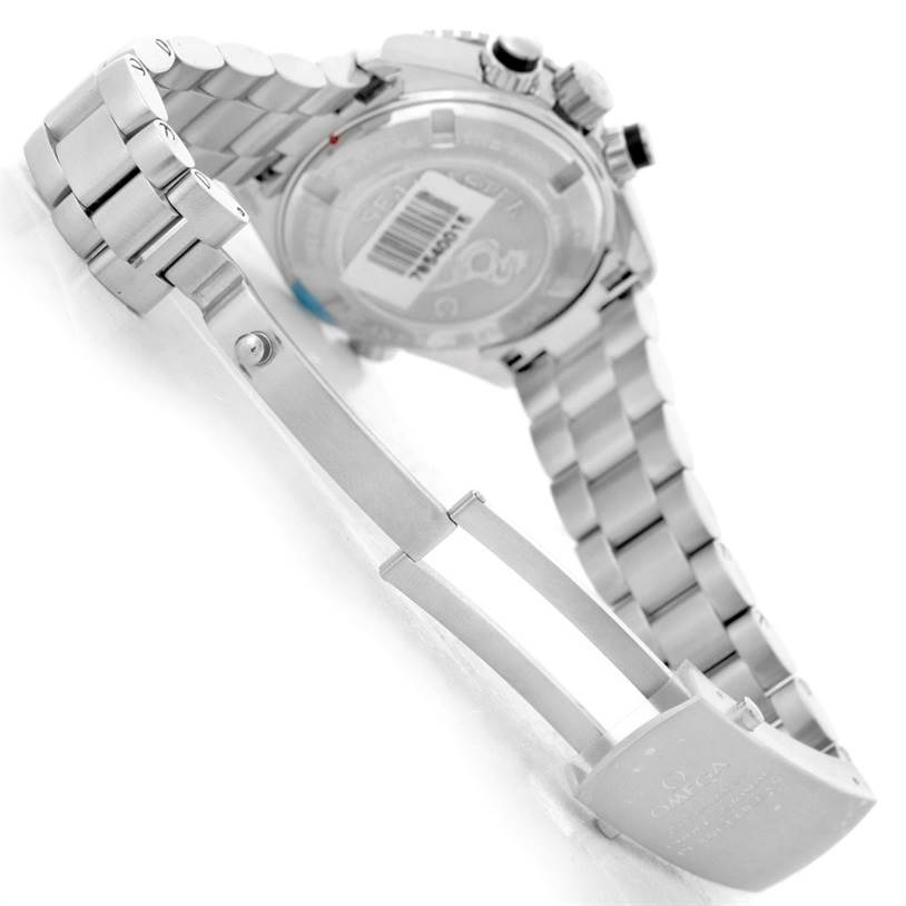 This photo shows the backside and partially opened clasp of the Omega Planet Ocean 222.30.38.50.01.001 Stainless Steel Black Dial 222.30.38.50.01.001 Stainless Steel Black Dial watch, highlighting its stainless steel bracelet and caseback.