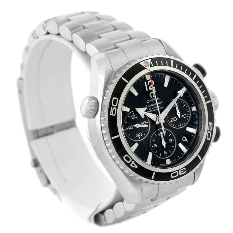 The image shows an Omega Planet Ocean 222.30.38.50.01.001 Stainless Steel Black Dial 222.30.38.50.01.001 Stainless Steel Black Dial watch at a slight diagonal angle, highlighting the face, bezel, crown, chronograph dials, and bracelet.