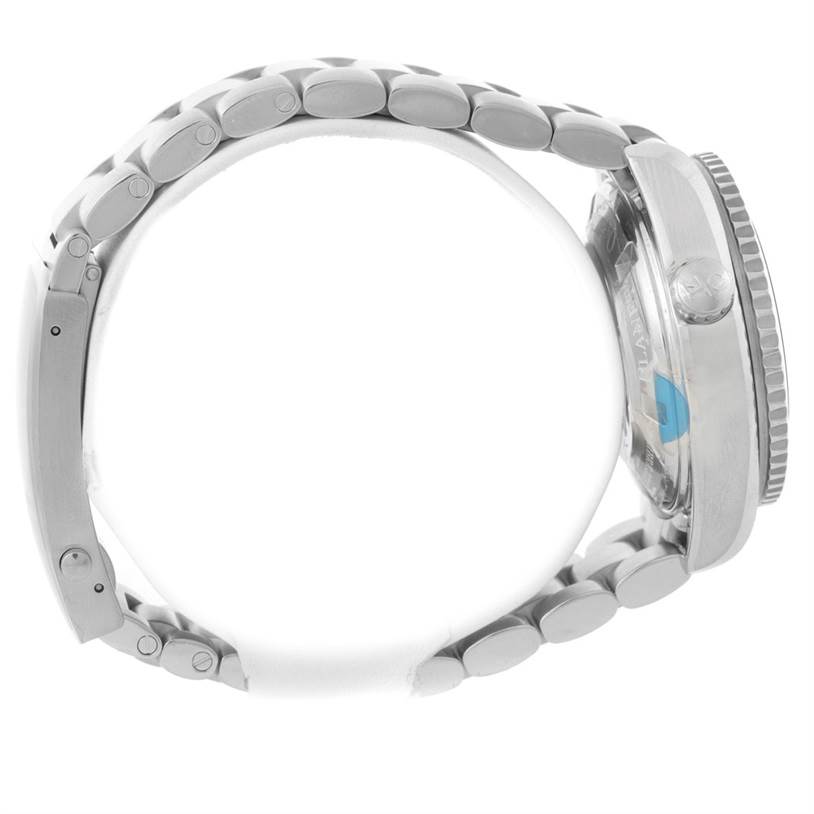 The image shows a side view of the Omega Planet Ocean 222.30.38.50.01.001 Stainless Steel Black Dial 222.30.38.50.01.001 Stainless Steel Black Dial watch, displaying its metal bracelet and crown.