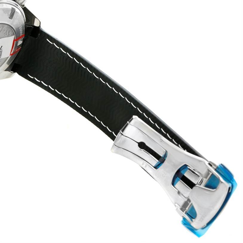 The image shows the strap and clasp of an Omega Planet Ocean 222.32.38.50.01.001 Stainless Steel Black Dial 222.32.38.50.01.001 Stainless Steel Black Dial watch from a side angle.