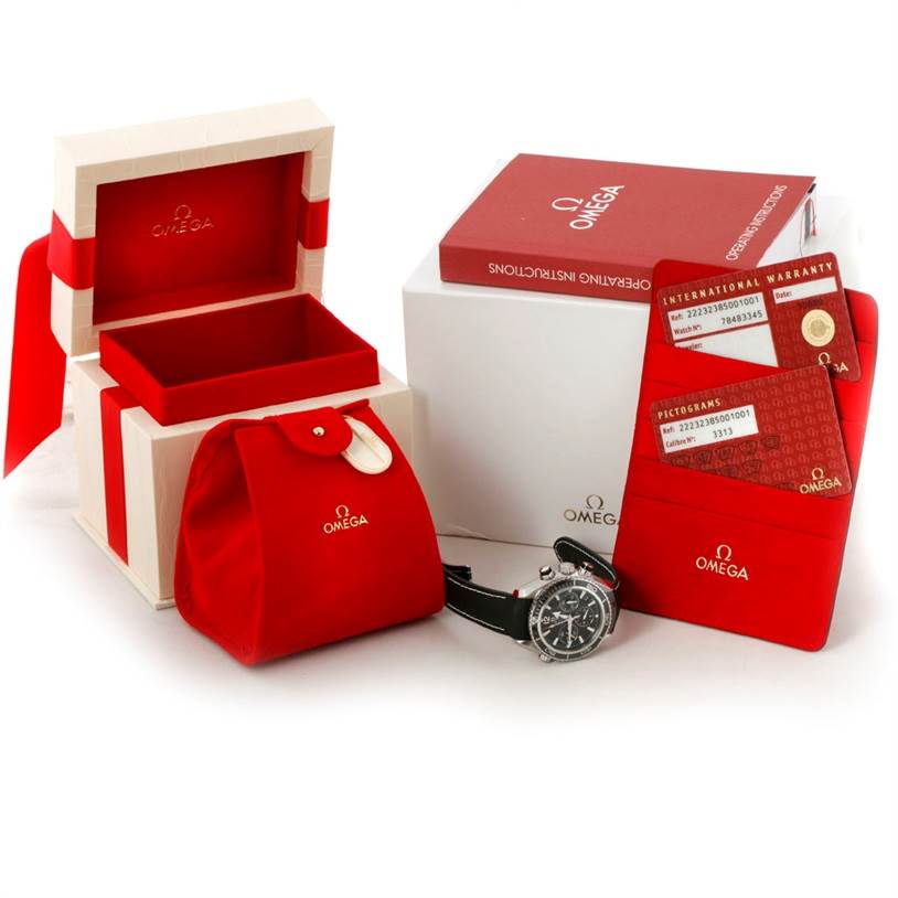 The image shows the Omega Planet Ocean 222.32.38.50.01.001 Stainless Steel Black Dial 222.32.38.50.01.001 Stainless Steel Black Dial watch with its packaging, warranty cards, and protective case displayed at various angles.