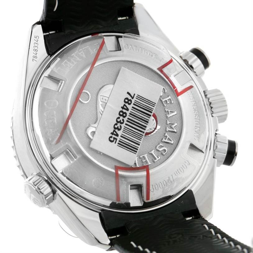 The image shows the case back of the Omega Planet Ocean 222.32.38.50.01.001 Stainless Steel Black Dial 222.32.38.50.01.001 Stainless Steel Black Dial watch, highlighting the engraved details.