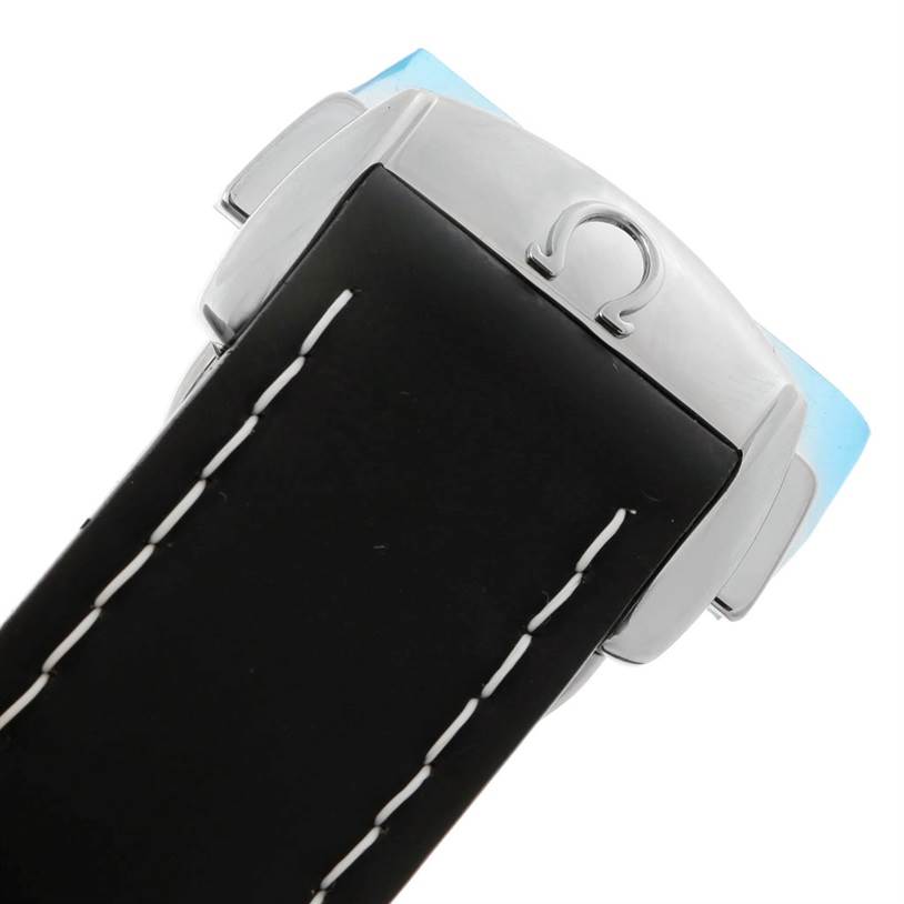 This is a close-up of the clasp and part of the leather strap of the Omega Planet Ocean 222.32.38.50.01.001 Stainless Steel Black Dial 222.32.38.50.01.001 Stainless Steel Black Dial watch.