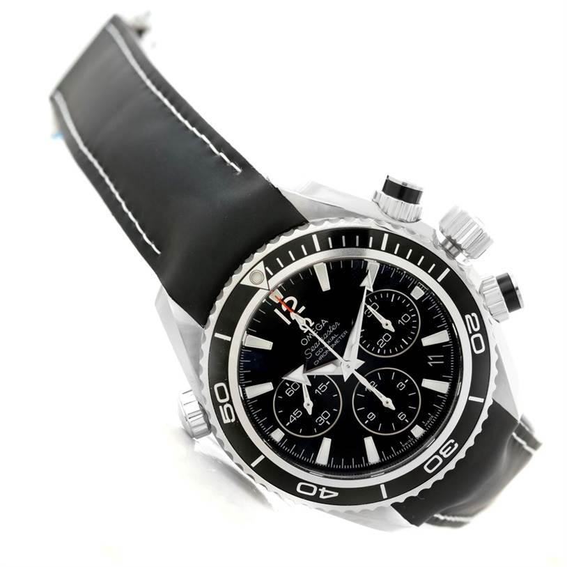 This image shows a tilted angle of the Omega Planet Ocean 222.32.38.50.01.001 Stainless Steel Black Dial 222.32.38.50.01.001 Stainless Steel Black Dial watch, highlighting its bezel, dial, and the side buttons.