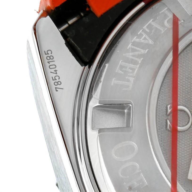 The image shows a close-up of the case back of an Omega Planet Ocean 222.32.38.50.01.003 Stainless Steel Black Dial 222.32.38.50.01.003 Stainless Steel Black Dial watch, including part of the serial number and caseback markings.
