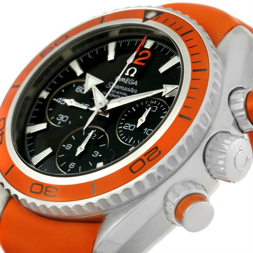 The image shows a close-up angle of the Omega Planet Ocean 222.32.38.50.01.003 Stainless Steel Black Dial 222.32.38.50.01.003 Stainless Steel Black Dial watch, highlighting the dial, bezel, and crown.