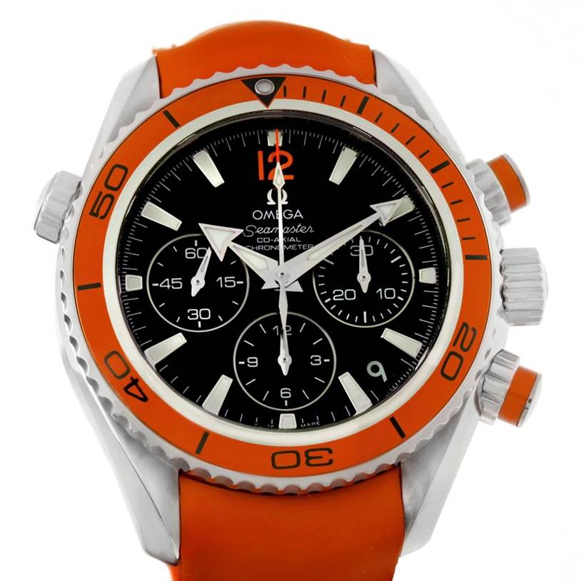 The image shows the Omega Planet Ocean 222.32.38.50.01.003 Stainless Steel Black Dial 222.32.38.50.01.003 Stainless Steel Black Dial watch from a front angle, highlighting the face, bezel, and chronograph buttons.