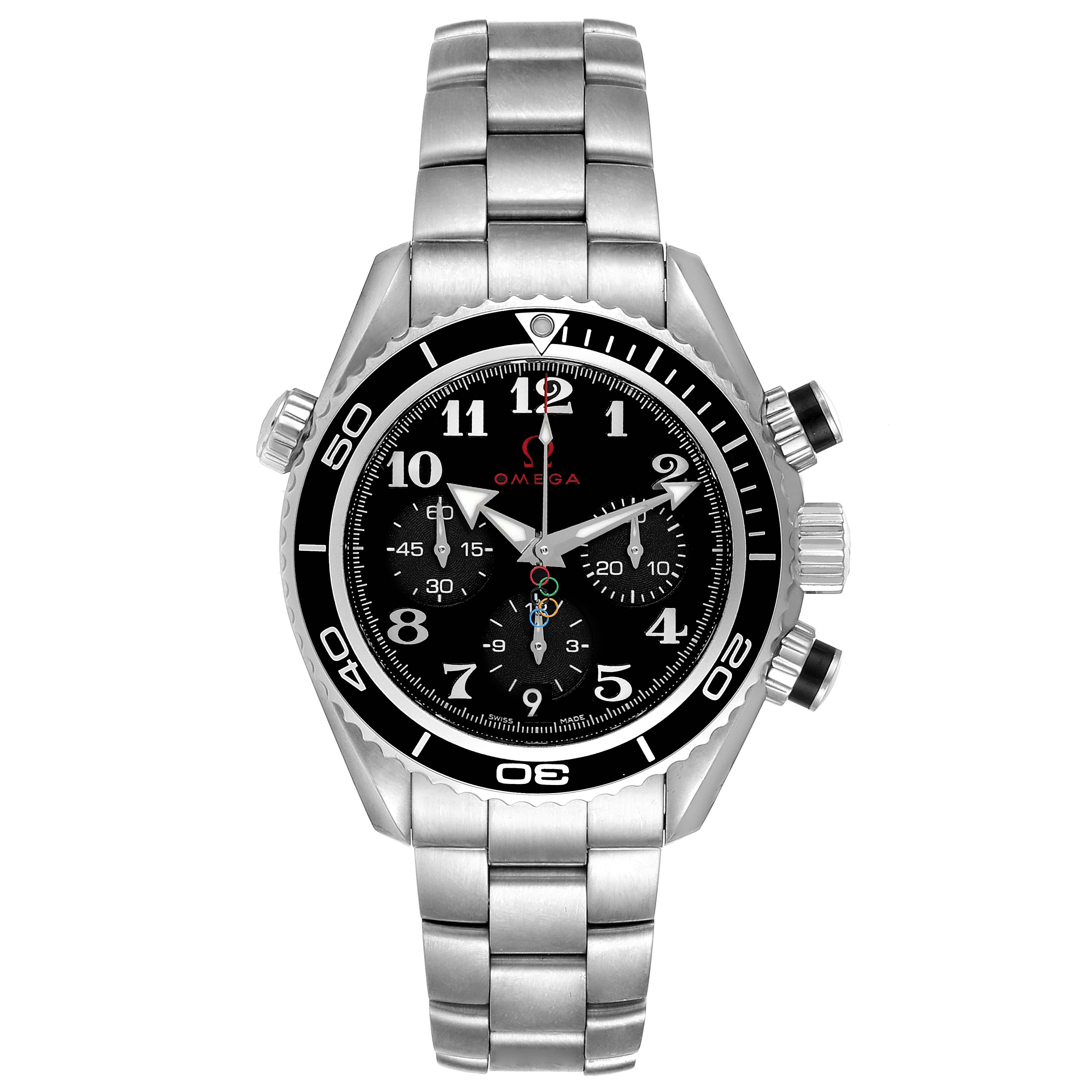 The image shows a front view of an Omega Planet Ocean 222.30.38.50.01.003 Men
s Stainless Steel Black Dial 222.30.38.50.01.003 Men
s Stainless Steel Black Dial watch displaying the face, bezel, crown, and lugs.