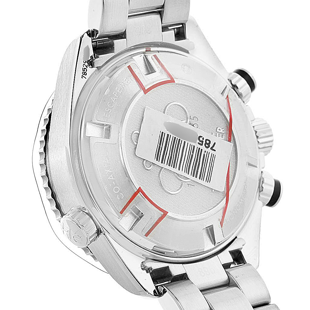 The image shows the case back and part of the bracelet of an Omega Planet Ocean 222.30.38.50.01.003 Men
s Stainless Steel Black Dial 222.30.38.50.01.003 Men
s Stainless Steel Black Dial watch.