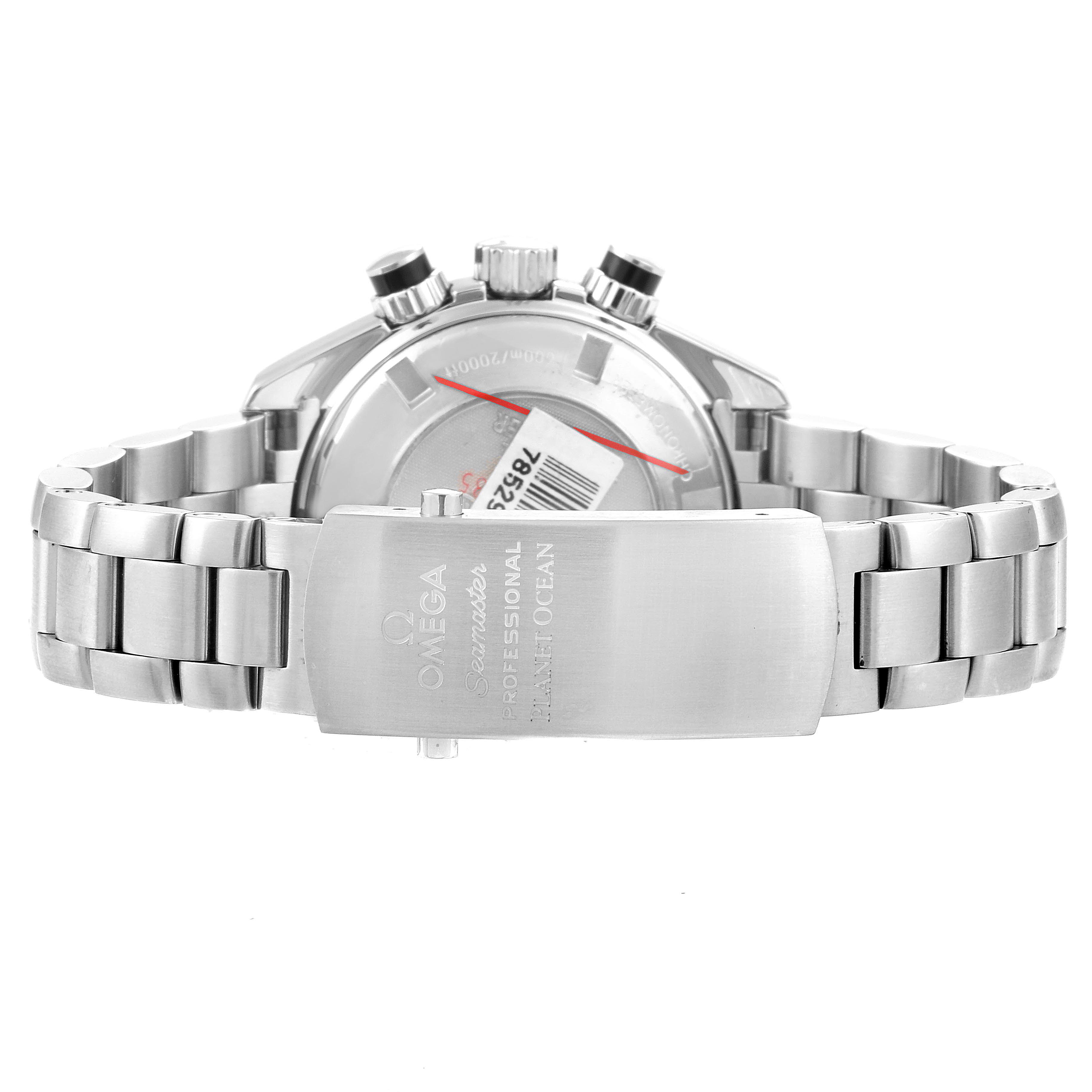 The image shows the back view of an Omega Planet Ocean 222.30.38.50.01.003 Men
s Stainless Steel Black Dial 222.30.38.50.01.003 Men
s Stainless Steel Black Dial watch, highlighting the clasp and bracelet.