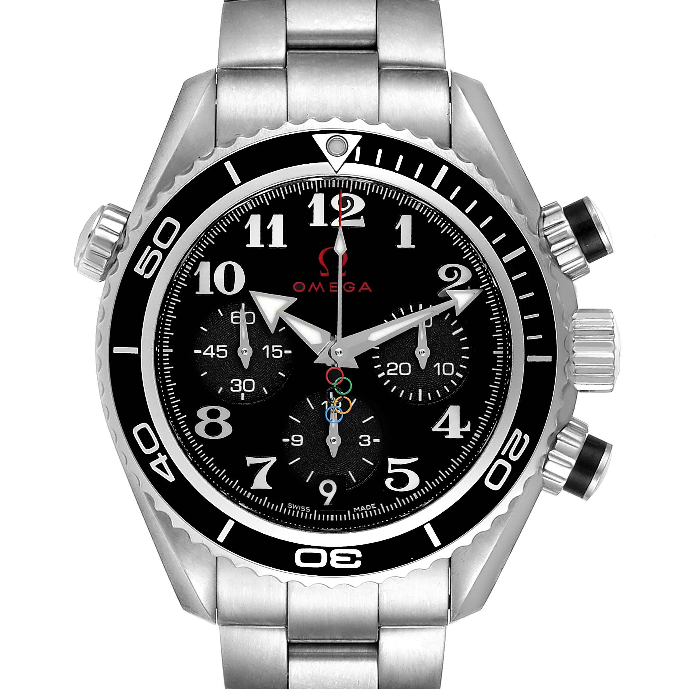 The image shows a front view of the Omega Planet Ocean 222.30.38.50.01.003 Men
s Stainless Steel Black Dial 222.30.38.50.01.003 Men
s Stainless Steel Black Dial watch, highlighting its bezel, dial, hands, subdials, and bracelet.