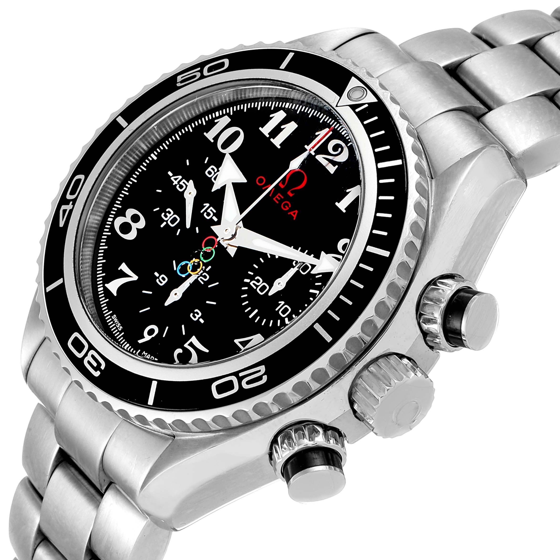 The image shows a close-up angle of the Omega Planet Ocean 222.30.38.50.01.003 Men
s Stainless Steel Black Dial 222.30.38.50.01.003 Men
s Stainless Steel Black Dial watch featuring the bezel, dial, crown, and pushers.