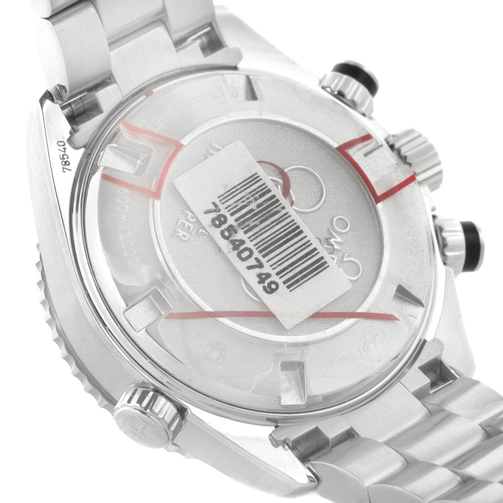 The image shows a close-up of the case back and bracelet of the Omega Planet Ocean 222.30.38.50.01.003 Men's Stainless Steel Black Dial 222.30.38.50.01.003 Men's Stainless Steel Black Dial model.