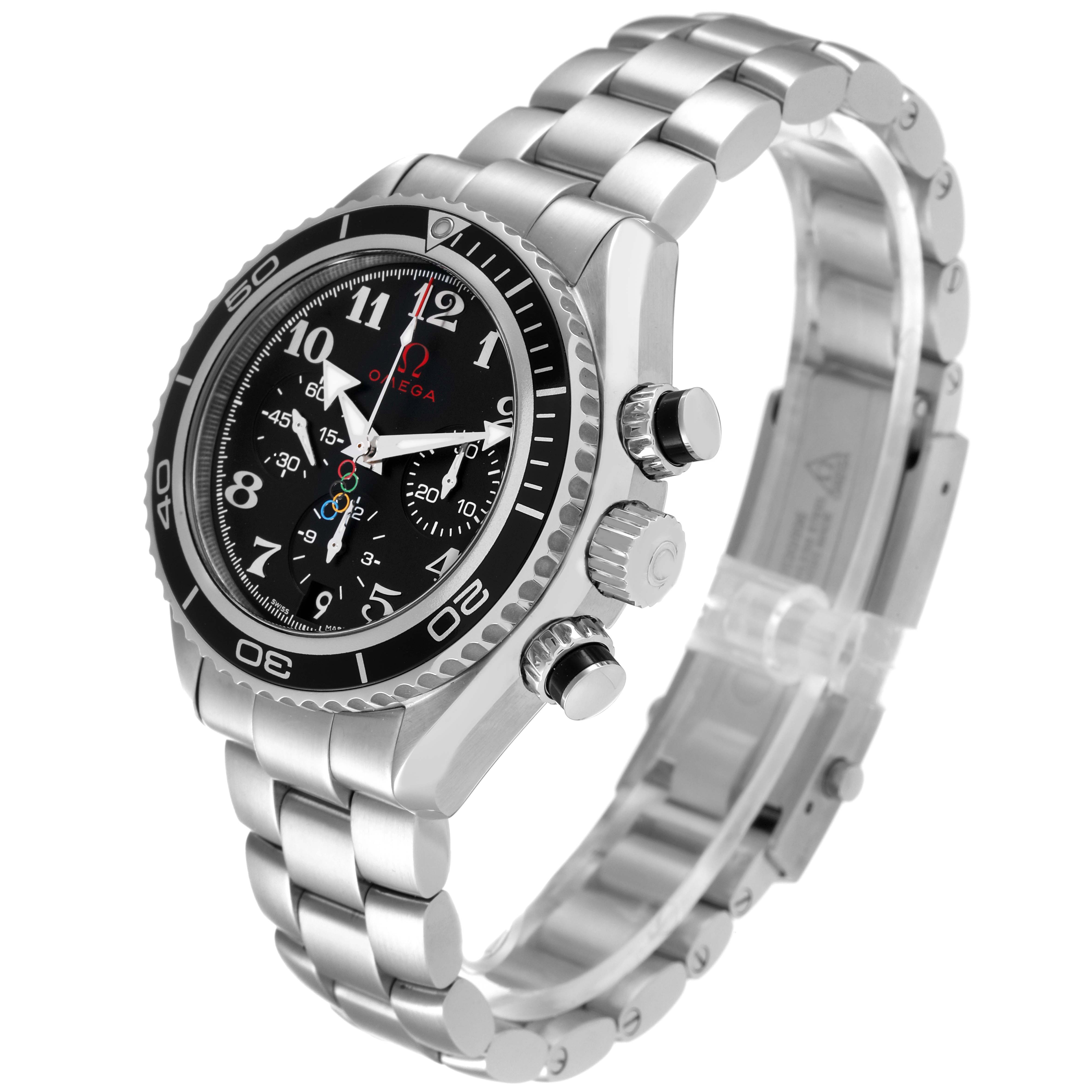 The Omega Planet Ocean 222.30.38.50.01.003 Men's Stainless Steel Black Dial 222.30.38.50.01.003 Men's Stainless Steel Black Dial watch is shown at a slight angle, highlighting its face, bezel, crown, pushers, and metal bracelet.