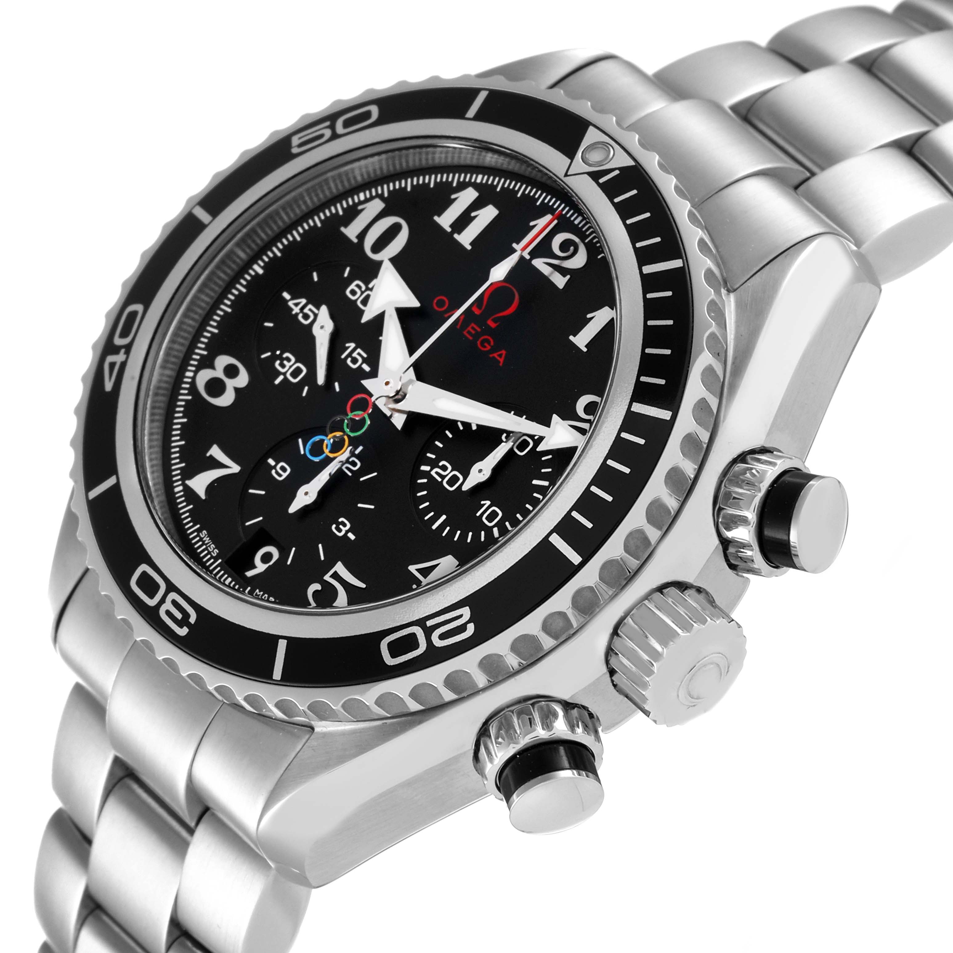 This is an angled view of the Omega Planet Ocean 222.30.38.50.01.003 Men's Stainless Steel Black Dial 222.30.38.50.01.003 Men's Stainless Steel Black Dial watch, showing the face, bezel, crown, and part of the bracelet.