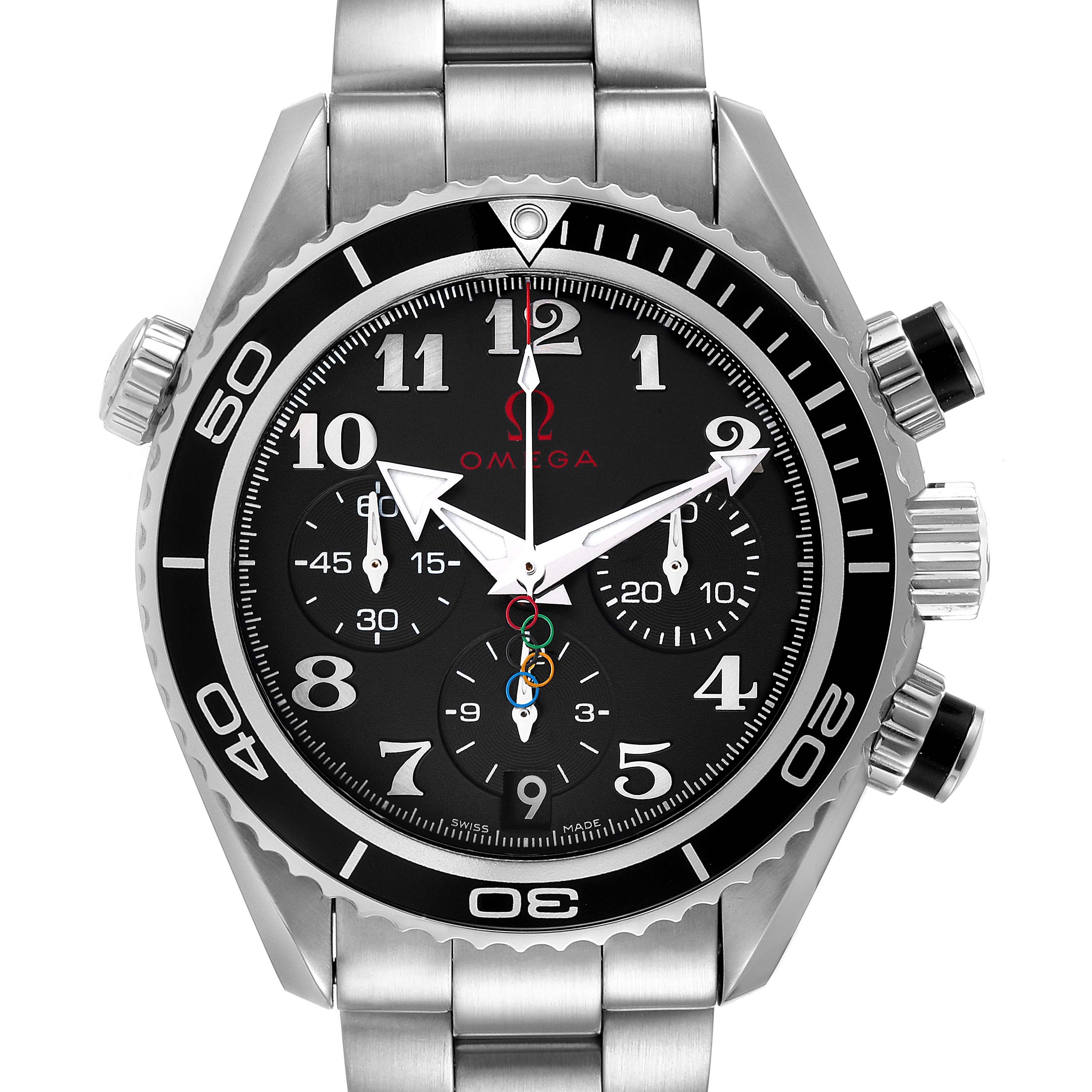 The image shows a front view of the Omega Planet Ocean 222.30.38.50.01.003 Men's Stainless Steel Black Dial 222.30.38.50.01.003 Men's Stainless Steel Black Dial watch, highlighting its dial, bezel, and stainless steel bracelet.