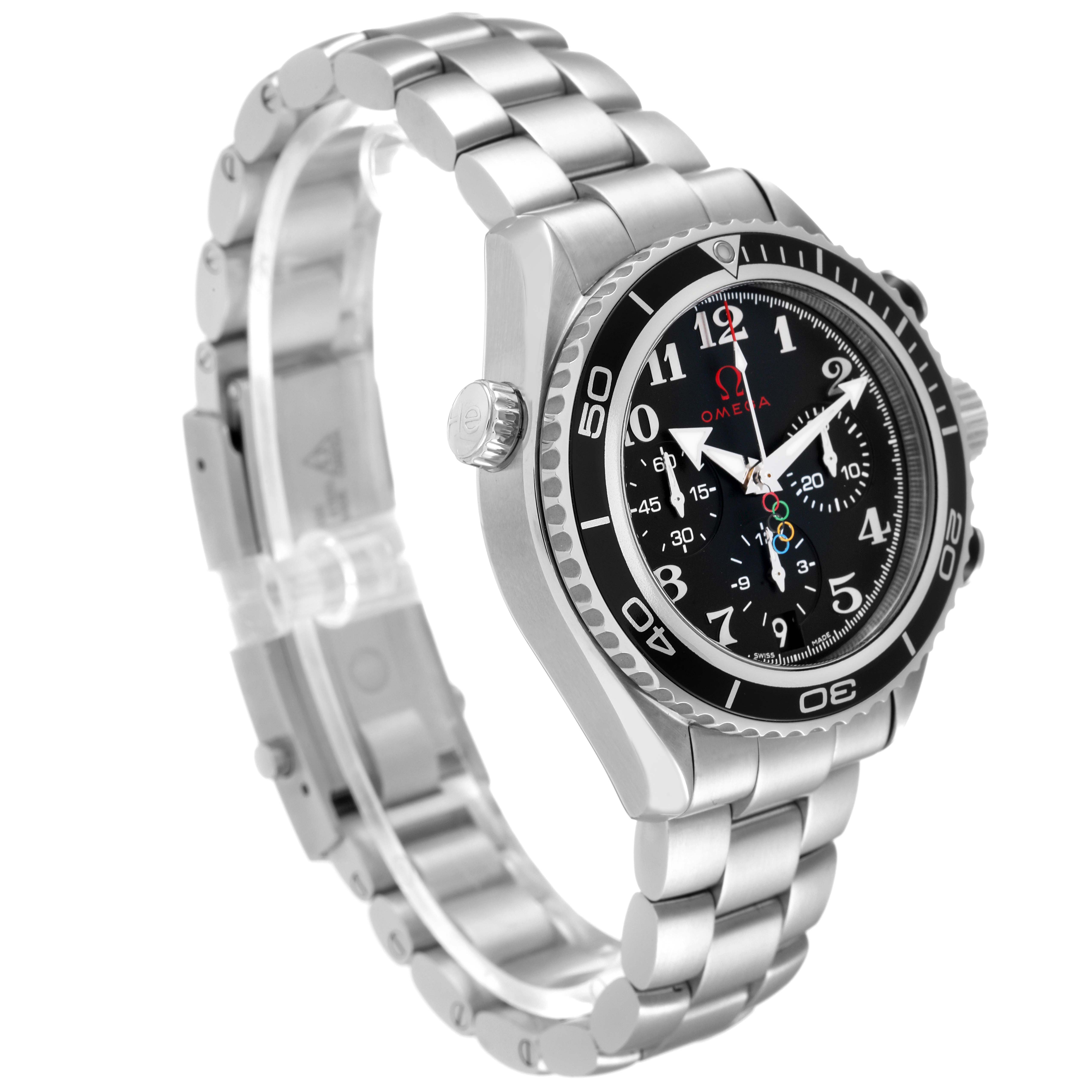 The image shows an Omega Planet Ocean 222.30.38.50.01.003 Men's Stainless Steel Black Dial 222.30.38.50.01.003 Men's Stainless Steel Black Dial model watch at a three-quarter angle, highlighting the bezel, dial, and metal bracelet.