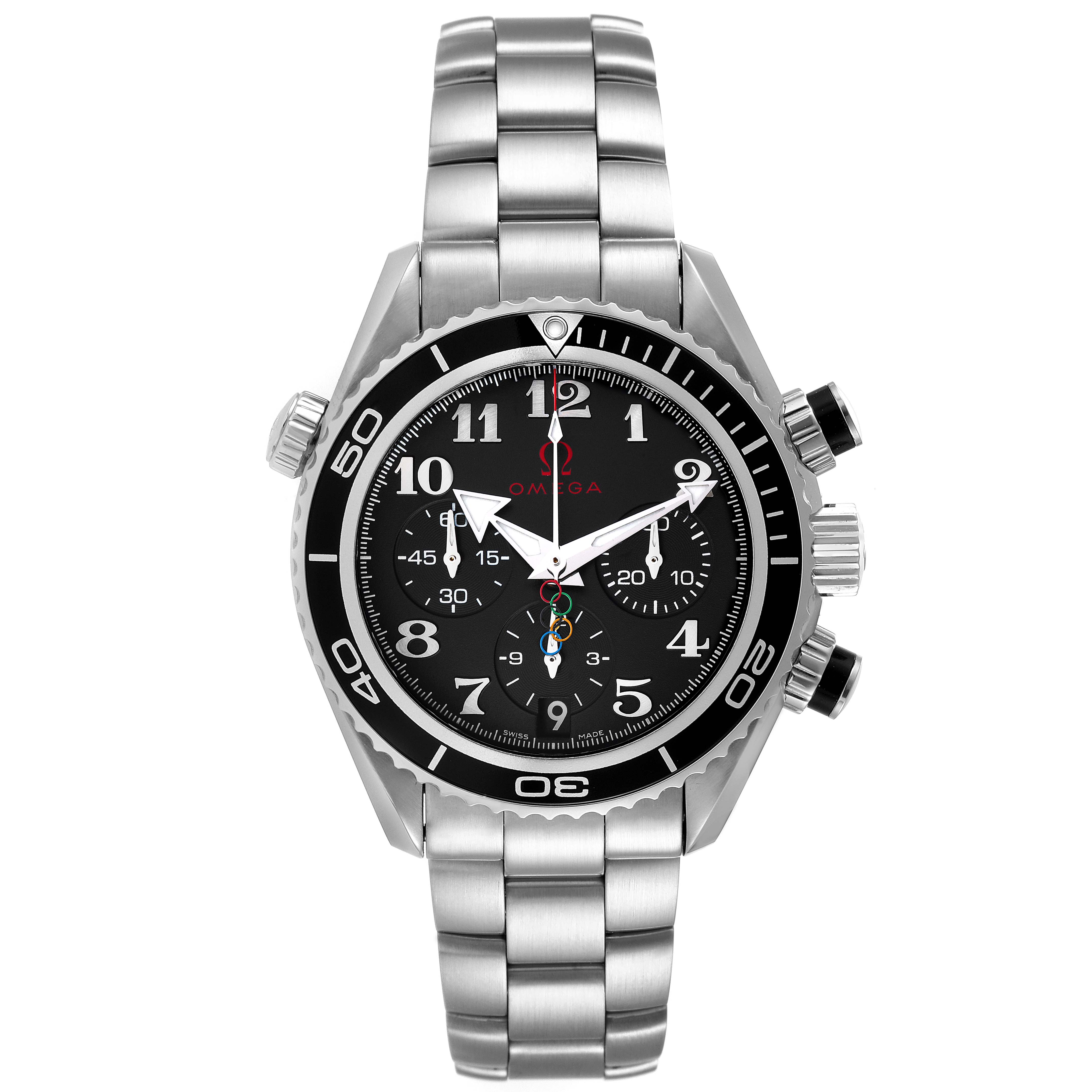 The image shows a front view of an Omega Planet Ocean 222.30.38.50.01.003 Men's Stainless Steel Black Dial 222.30.38.50.01.003 Men's Stainless Steel Black Dial watch, displaying its stainless steel bracelet, black dial, and chronograph buttons.