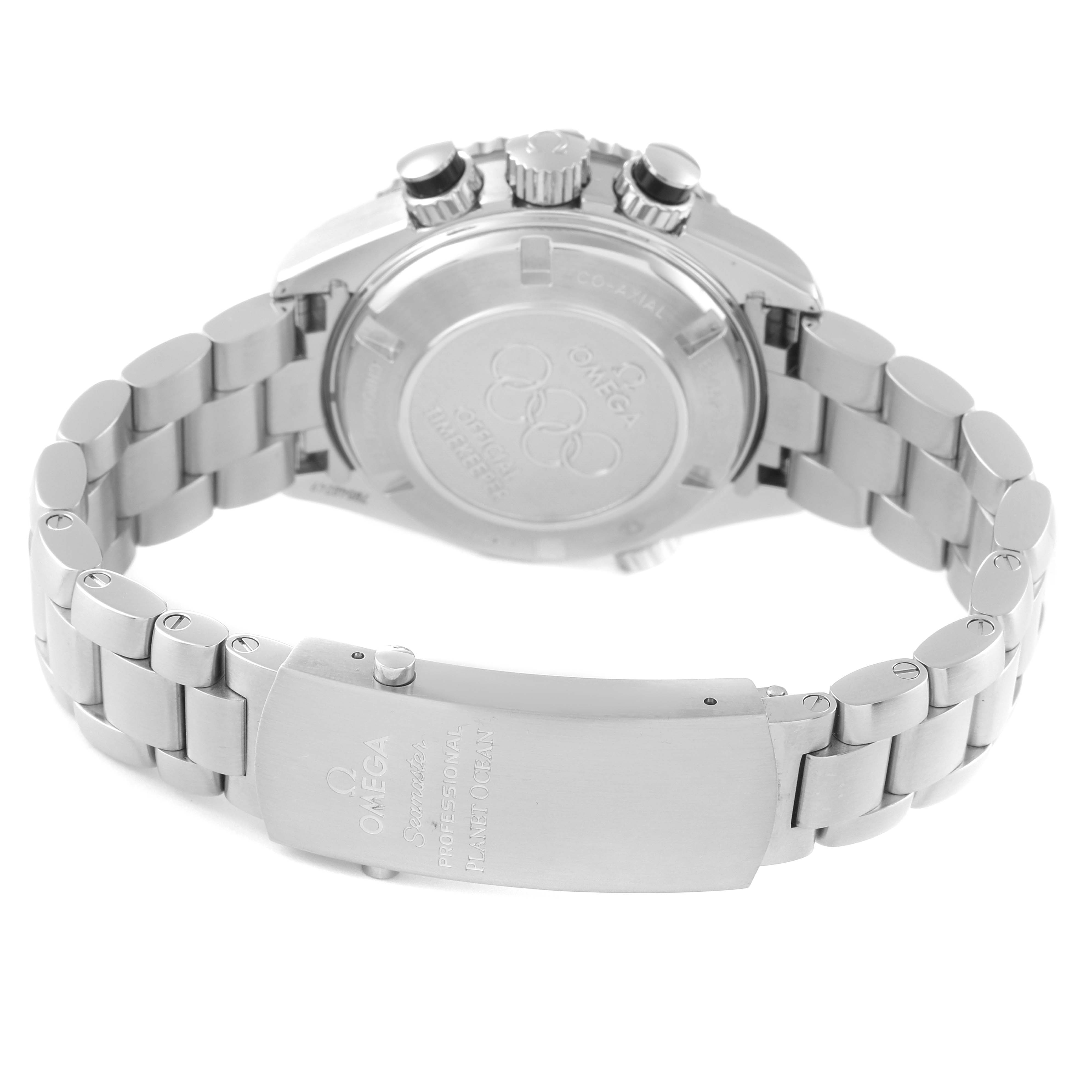 The image shows the back, bracelet, and clasp of the Omega Planet Ocean 222.30.38.50.01.003 Men's Stainless Steel Black Dial 222.30.38.50.01.003 Men's Stainless Steel Black Dial watch, highlighting the engraved case back and metal bracelet.