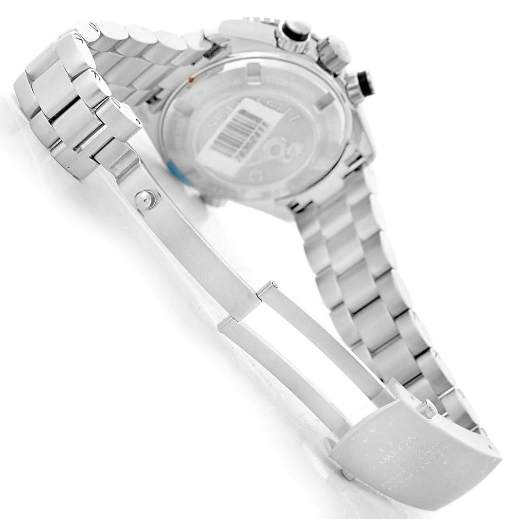 The image shows the back view and clasp of the Omega Planet Ocean 222.30.38.50.01.001 Stainless Steel Black Dial 222.30.38.50.01.001 Stainless Steel Black Dial watch, highlighting its stainless steel bracelet and markings on the clasp.