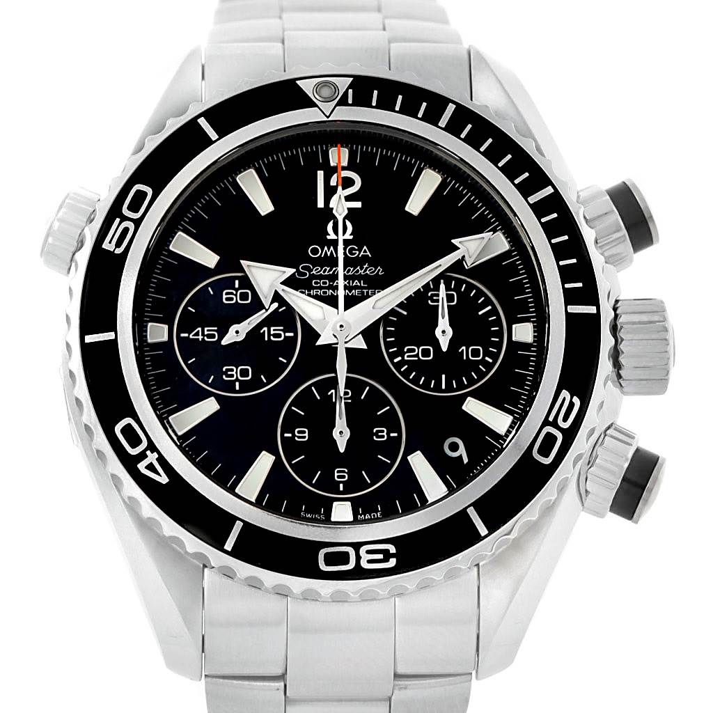 This image shows a front view of the Omega Planet Ocean 222.30.38.50.01.001 Stainless Steel Black Dial 222.30.38.50.01.001 Stainless Steel Black Dial watch, highlighting its face, bezel, and bracelet.