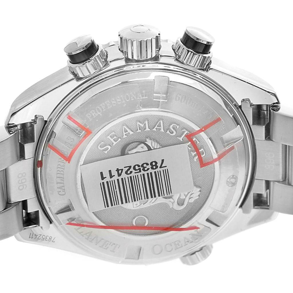 This image shows the back view of an Omega Planet Ocean 222.30.38.50.01.001 Stainless Steel Black Dial 222.30.38.50.01.001 Stainless Steel Black Dial watch, highlighting the caseback with "Seamaster" engraving and the stainless steel bracelet.