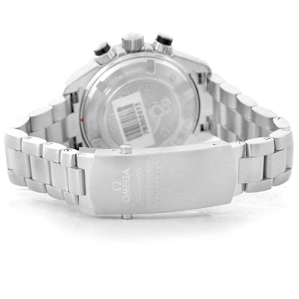 The image shows the back and clasp of the Omega Planet Ocean 222.30.38.50.01.001 Stainless Steel Black Dial 222.30.38.50.01.001 Stainless Steel Black Dial watch, highlighting the bracelet and case back.