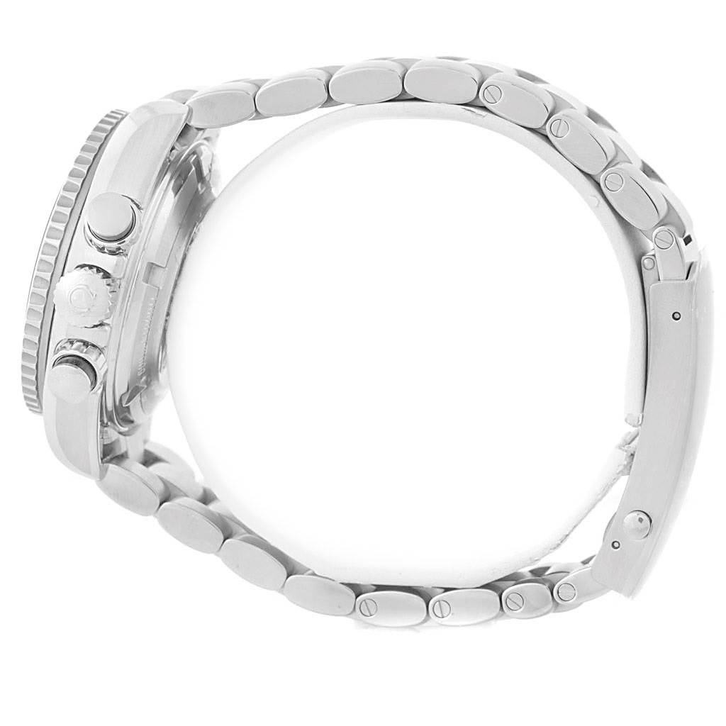 The image shows the side view of the Omega Planet Ocean 222.30.38.50.01.001 Stainless Steel Black Dial 222.30.38.50.01.001 Stainless Steel Black Dial watch, including the crown and stainless steel bracelet.