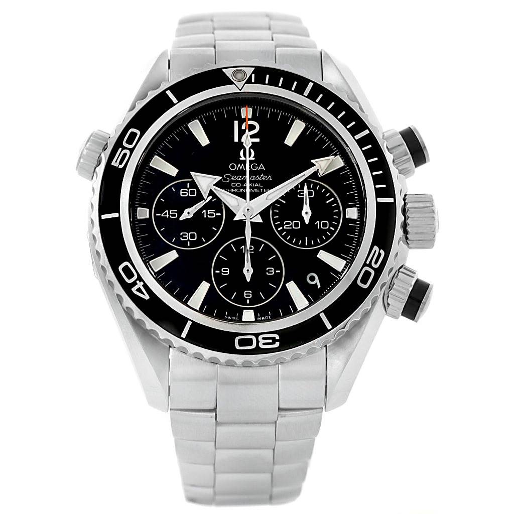 The image shows a front view of an Omega Planet Ocean 222.30.38.50.01.001 Stainless Steel Black Dial 222.30.38.50.01.001 Stainless Steel Black Dial watch, displaying the dial, bezel, and bracelet.