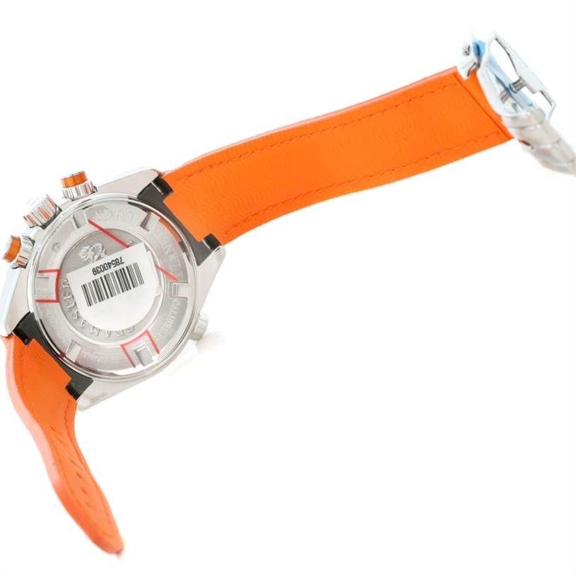 The image displays the back case and orange strap of the Omega Planet Ocean 222.32.38.50.01.003 Stainless Steel Black Dial 222.32.38.50.01.003 Stainless Steel Black Dial watch at an angle.