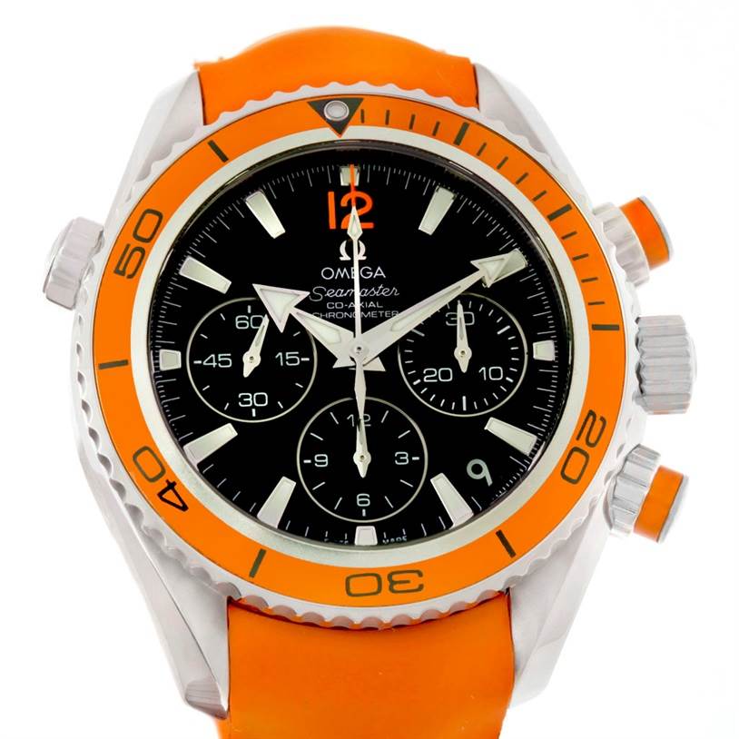 The image shows a front view of an Omega Planet Ocean 222.32.38.50.01.003 Stainless Steel Black Dial 222.32.38.50.01.003 Stainless Steel Black Dial watch, highlighting its orange bezel, black dial, and chronograph subdials.