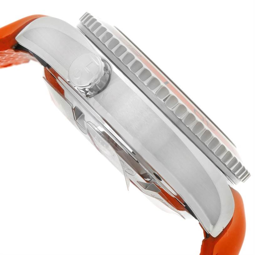 The image shows a side view of the Omega Planet Ocean 222.32.38.50.01.003 Stainless Steel Black Dial 222.32.38.50.01.003 Stainless Steel Black Dial watch, highlighting the case, crown, and orange strap.