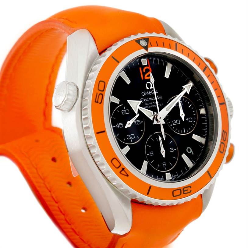 The image shows an Omega Planet Ocean 222.32.38.50.01.003 Stainless Steel Black Dial 222.32.38.50.01.003 Stainless Steel Black Dial watch with an orange bezel and strap, viewed from an angled side profile.