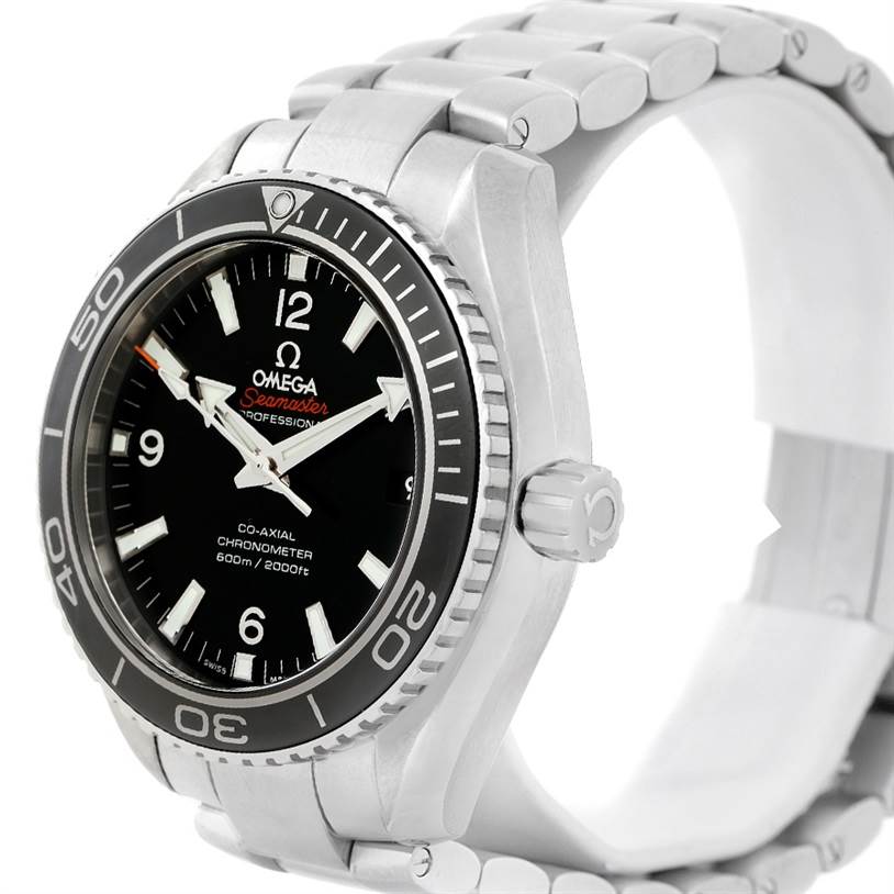 The Omega Planet Ocean 232.30.42.21.01.003 Men
s Stainless Steel Black Dial 232.30.42.21.01.003 Men
s Stainless Steel Black Dial watch is shown from an angled side view, displaying the face, bezel, crown, and part of the bracelet.