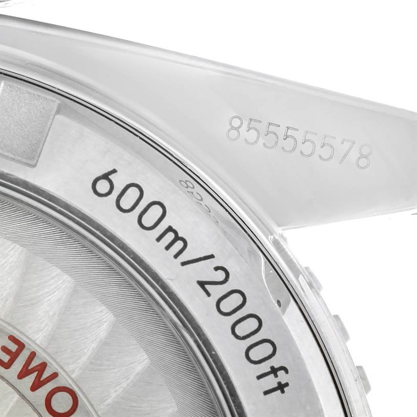 The image shows a close-up angle of the back case of an Omega Planet Ocean 232.30.42.21.01.003 Men
s Stainless Steel Black Dial 232.30.42.21.01.003 Men
s Stainless Steel Black Dial watch, highlighting its water resistance rating.