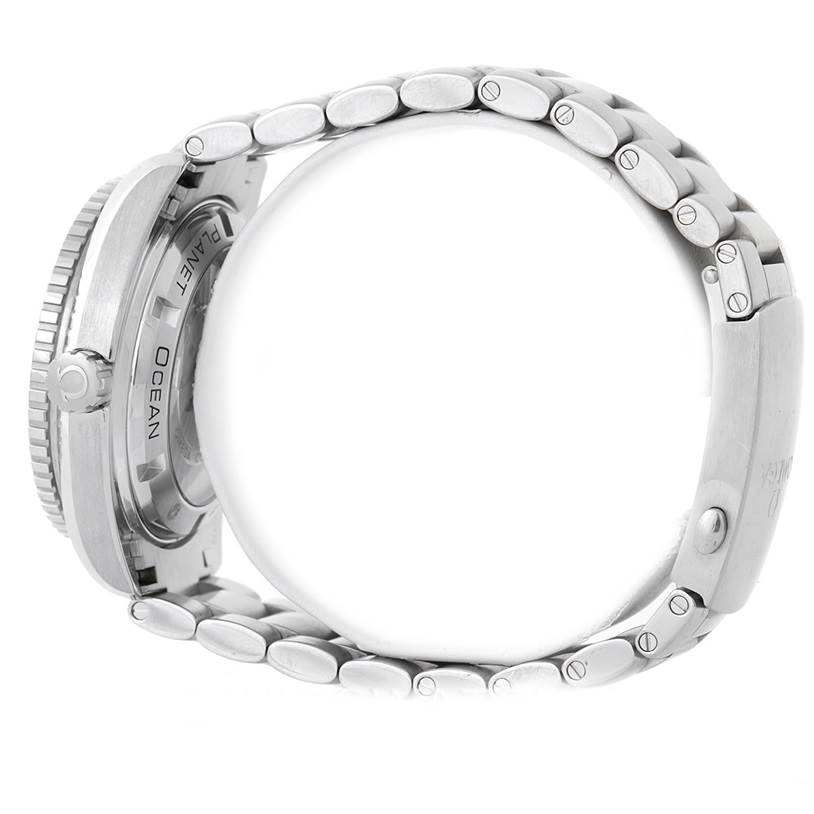 The image shows a side view of an Omega Planet Ocean 232.30.42.21.01.003 Men
s Stainless Steel Black Dial 232.30.42.21.01.003 Men
s Stainless Steel Black Dial watch, highlighting the bracelet and the side of the watch case.