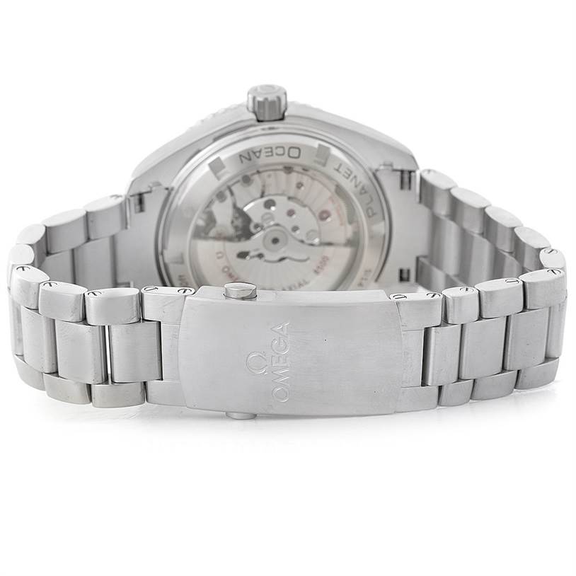 The image shows the back angle of the Omega Planet Ocean 232.30.42.21.01.003 Men
s Stainless Steel Black Dial 232.30.42.21.01.003 Men
s Stainless Steel Black Dial watch, emphasizing its clasp and visible movement components.