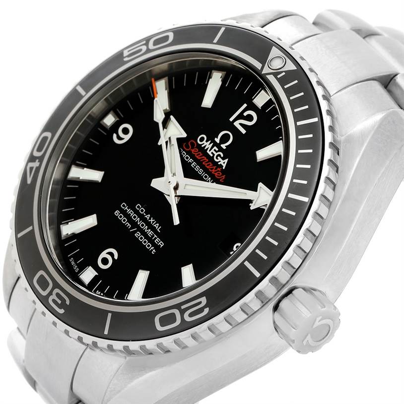 The image shows a close-up angle of the Omega Planet Ocean 232.30.42.21.01.003 Men
s Stainless Steel Black Dial 232.30.42.21.01.003 Men
s Stainless Steel Black Dial
s dial, bezel, and part of its bracelet.