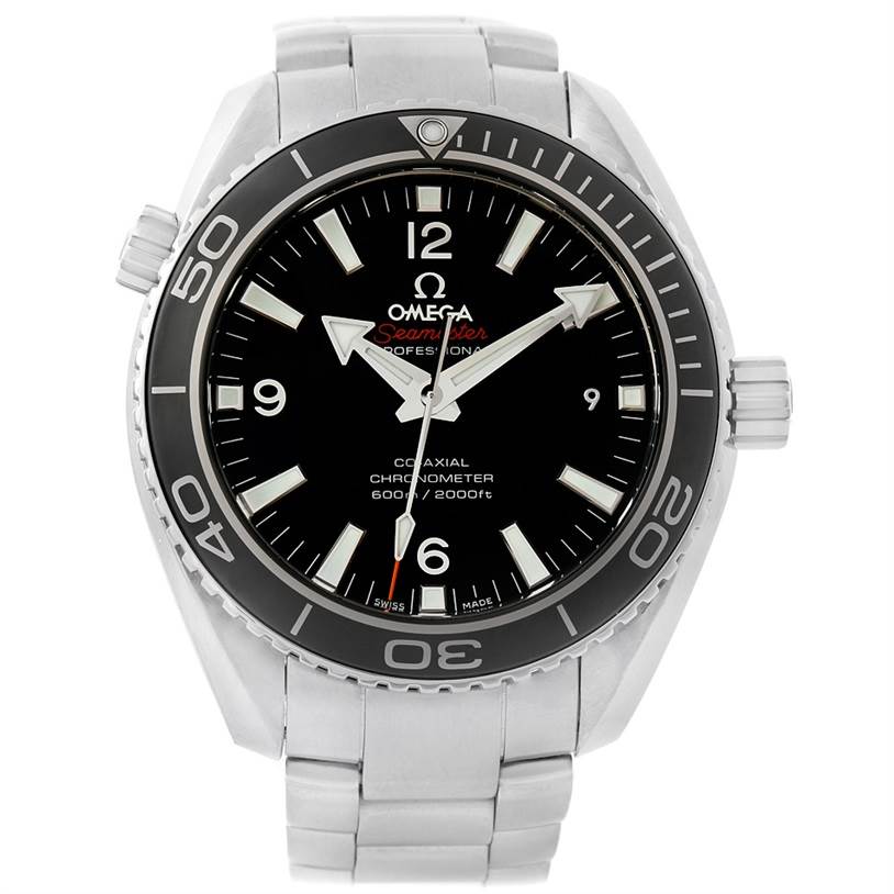 The image shows a front view of an Omega Planet Ocean 232.30.42.21.01.003 Men
s Stainless Steel Black Dial 232.30.42.21.01.003 Men
s Stainless Steel Black Dial watch, highlighting the dial, bezel, crown, and bracelet.