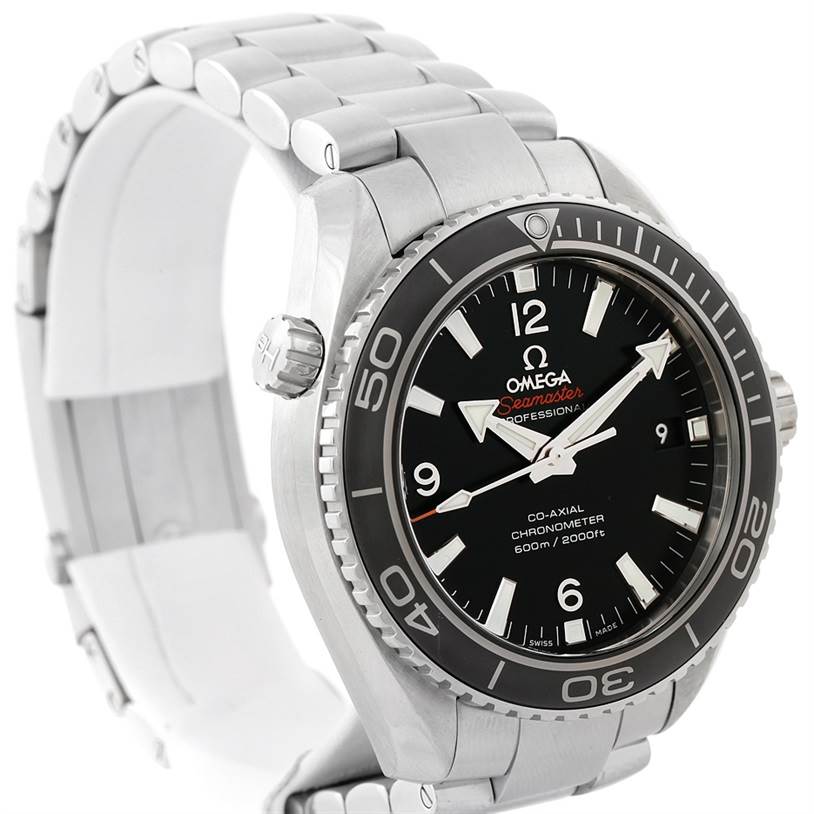 The image showcases an Omega Planet Ocean 232.30.42.21.01.003 Men
s Stainless Steel Black Dial 232.30.42.21.01.003 Men
s Stainless Steel Black Dial model from an angle slightly above and to the right, emphasizing the bezel, dial, and bracelet.