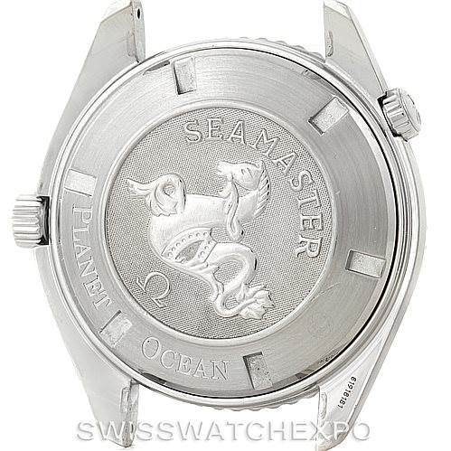 This image shows the back case of the Omega Planet Ocean 2200.50.00 Men
s Stainless Steel Black Dial 2200.50.00 Men
s Stainless Steel Black Dial Seamaster watch, highlighting its engravings and logo.