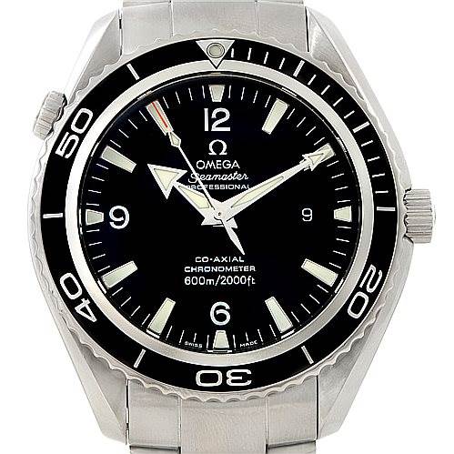 The image shows a frontal view of the Omega Planet Ocean 2200.50.00 Men
s Stainless Steel Black Dial 2200.50.00 Men
s Stainless Steel Black Dial watch, displaying the dial, bezel, and part of the bracelet.