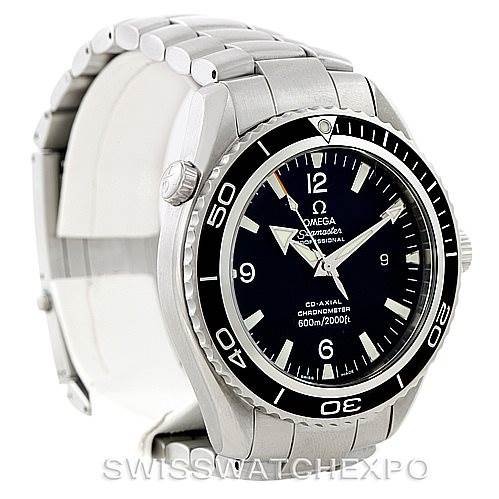 The Omega Planet Ocean 2200.50.00 Men
s Stainless Steel Black Dial 2200.50.00 Men
s Stainless Steel Black Dial watch is shown at a three-quarter angle, displaying its face, bezel, crown, and metal bracelet.