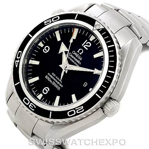 The image shows a frontal and slight side view of the Omega Planet Ocean 2200.50.00 Men
s Stainless Steel Black Dial 2200.50.00 Men
s Stainless Steel Black Dial watch, highlighting the dial, bezel, and stainless steel bracelet.